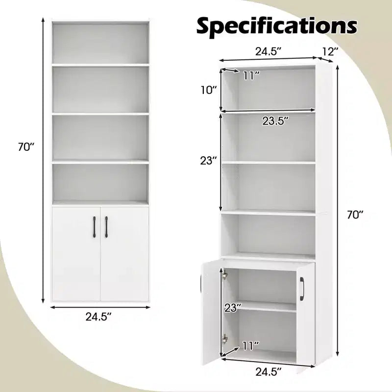 Libreria Costway 70 con ripiani regolabili e armadietto a 2 ante, scaffale multiuso espositivo, bianco/naturale/nero/grigio