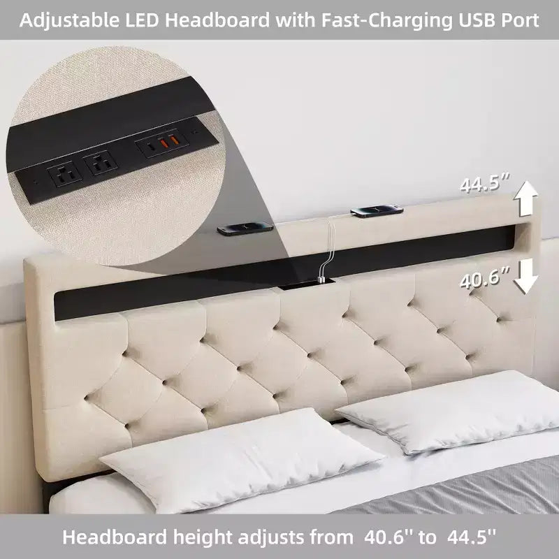 Struttura Letto con Testiera Illuminata, Struttura Letto con Porta USB a Ricarica Rapida, Struttura Letto Imbottita con Piattaforma, Nessuna Molla Richiesta