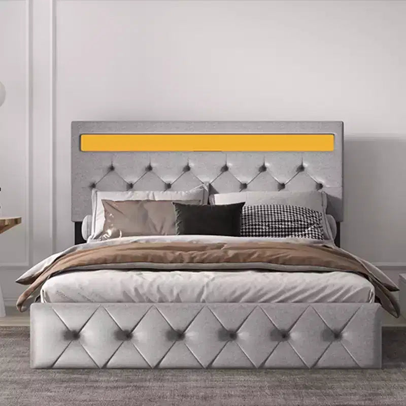 Struttura Letto con Testiera Illuminata, Struttura Letto con Porta USB a Ricarica Rapida, Struttura Letto Imbottita con Piattaforma, Nessuna Molla Richiesta