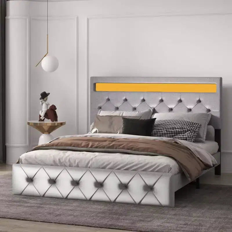 Struttura Letto con Testiera Illuminata, Struttura Letto con Porta USB a Ricarica Rapida, Struttura Letto Imbottita con Piattaforma, Nessuna Molla Richiesta