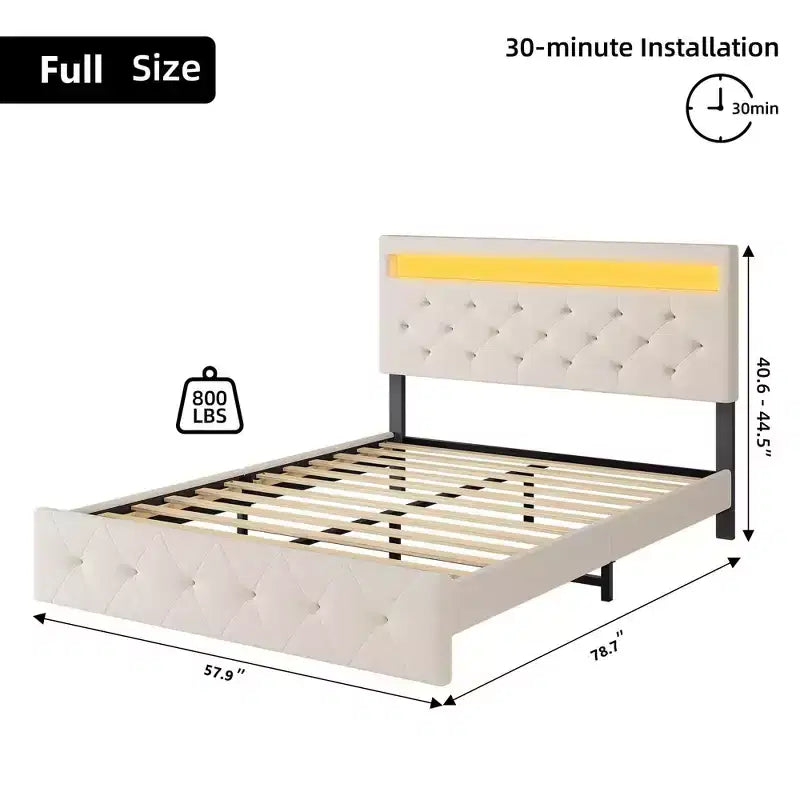 Struttura Letto con Testiera Illuminata, Struttura Letto con Porta USB a Ricarica Rapida, Struttura Letto Imbottita con Piattaforma, Nessuna Molla Richiesta