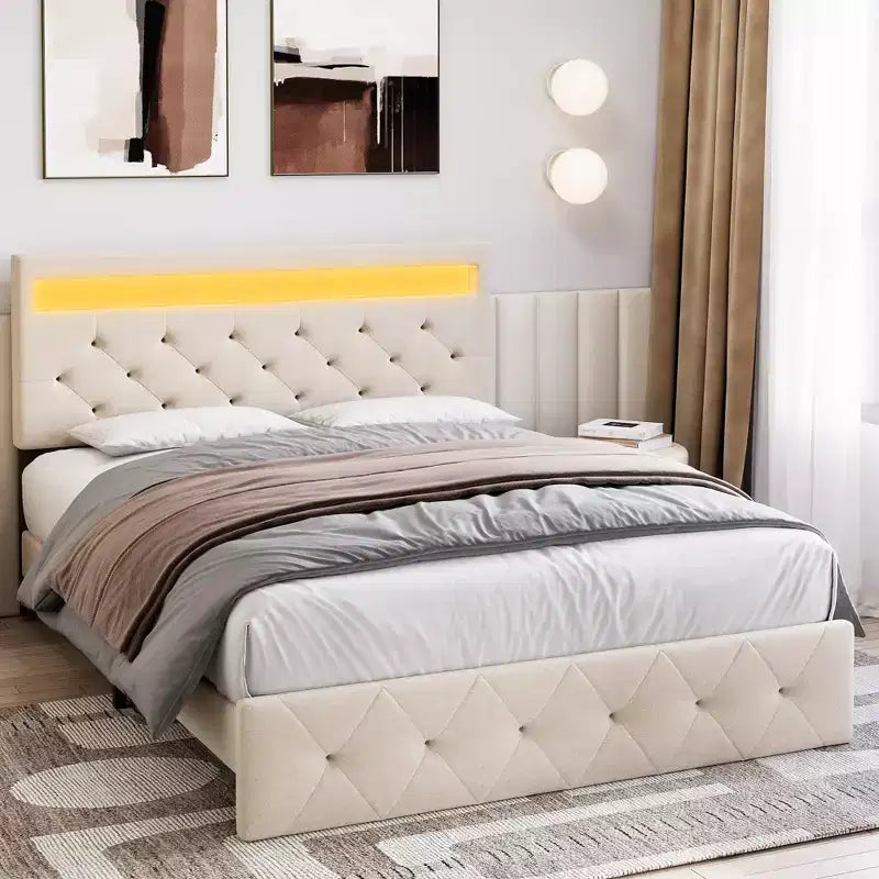 Struttura Letto con Testiera Illuminata, Struttura Letto con Porta USB a Ricarica Rapida, Struttura Letto Imbottita con Piattaforma, Nessuna Molla Richiesta
