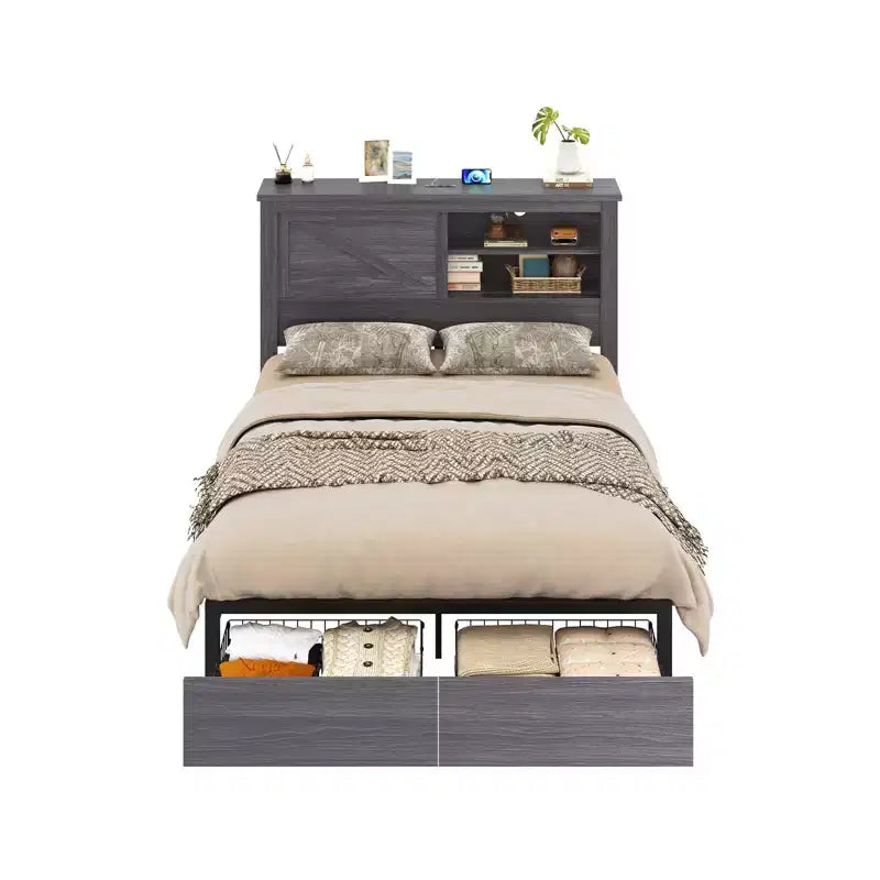 AMERLIFE 47.2 H Struttura letto con testiera libreria, stazione di ricarica, 2 cassetti