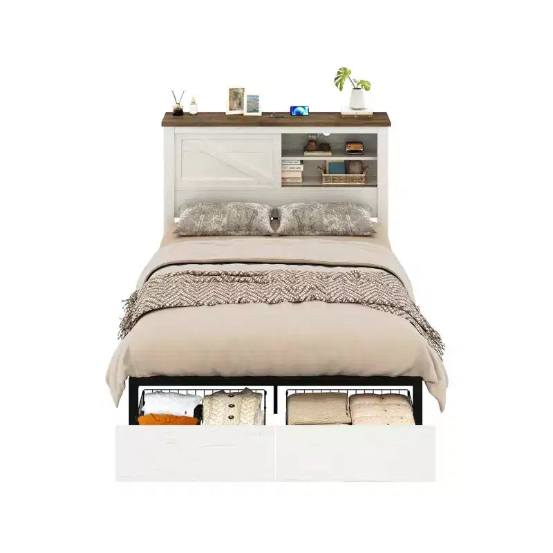 AMERLIFE 47.2 H Struttura letto con testiera libreria, stazione di ricarica, 2 cassetti