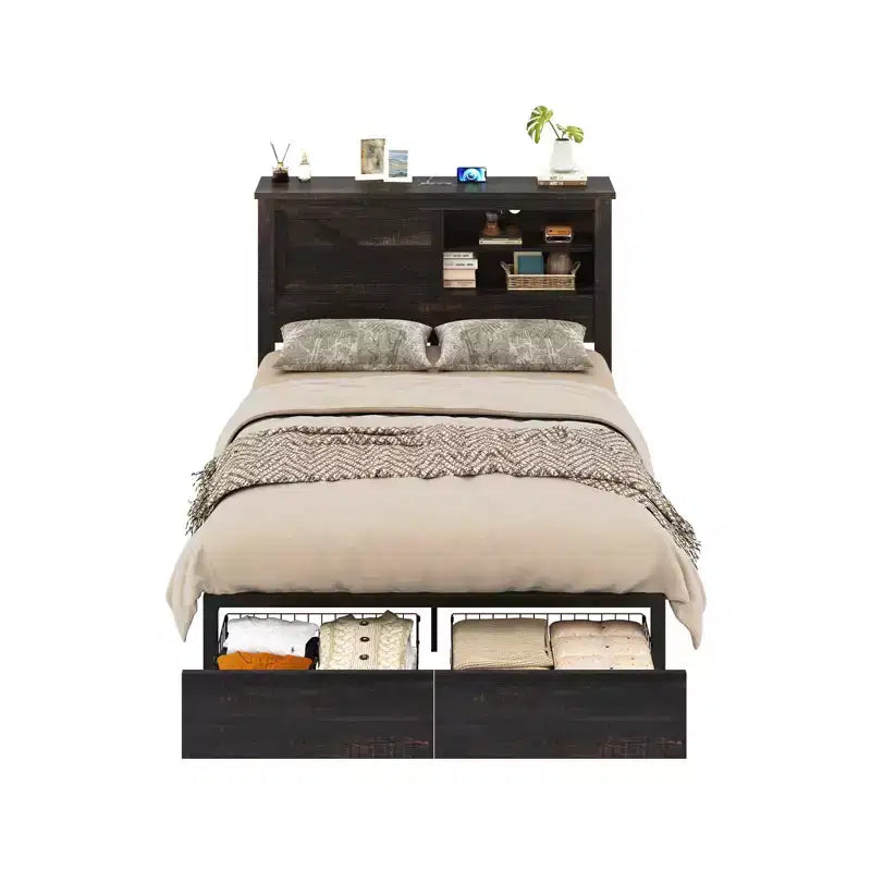 AMERLIFE 47.2 H Struttura letto con testiera libreria, stazione di ricarica, 2 cassetti