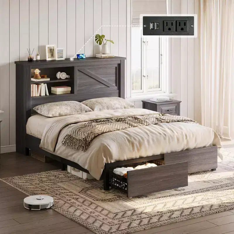 AMERLIFE 47.2 H Struttura letto con testiera libreria, stazione di ricarica, 2 cassetti