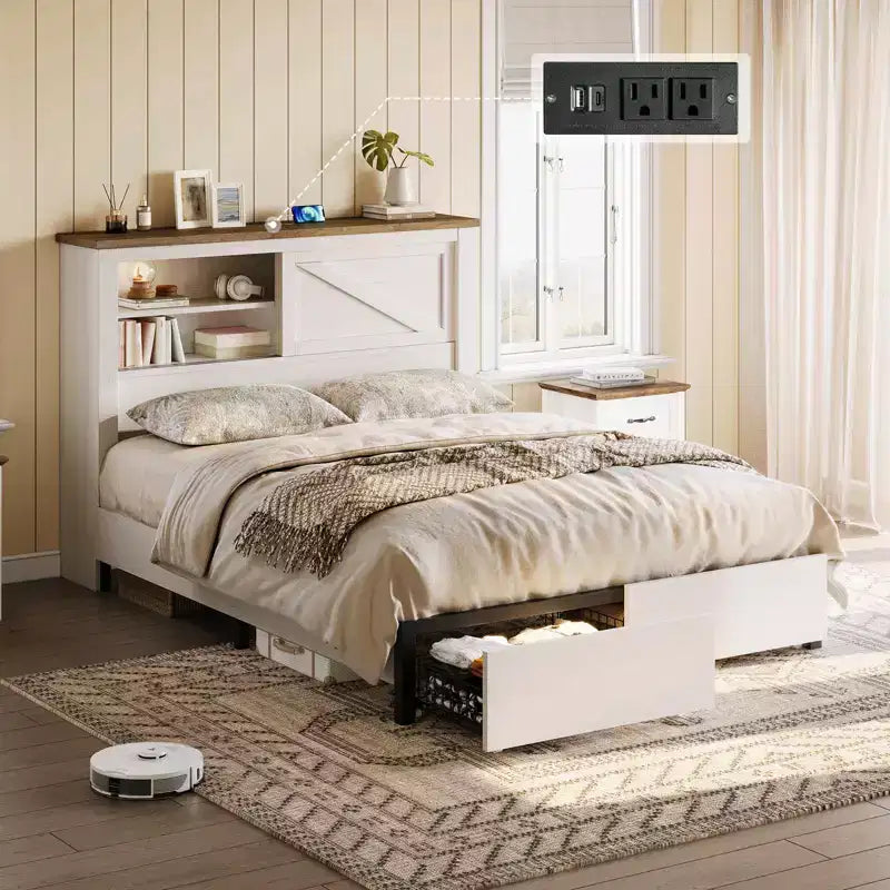 AMERLIFE 47.2 H Struttura letto con testiera libreria, stazione di ricarica, 2 cassetti