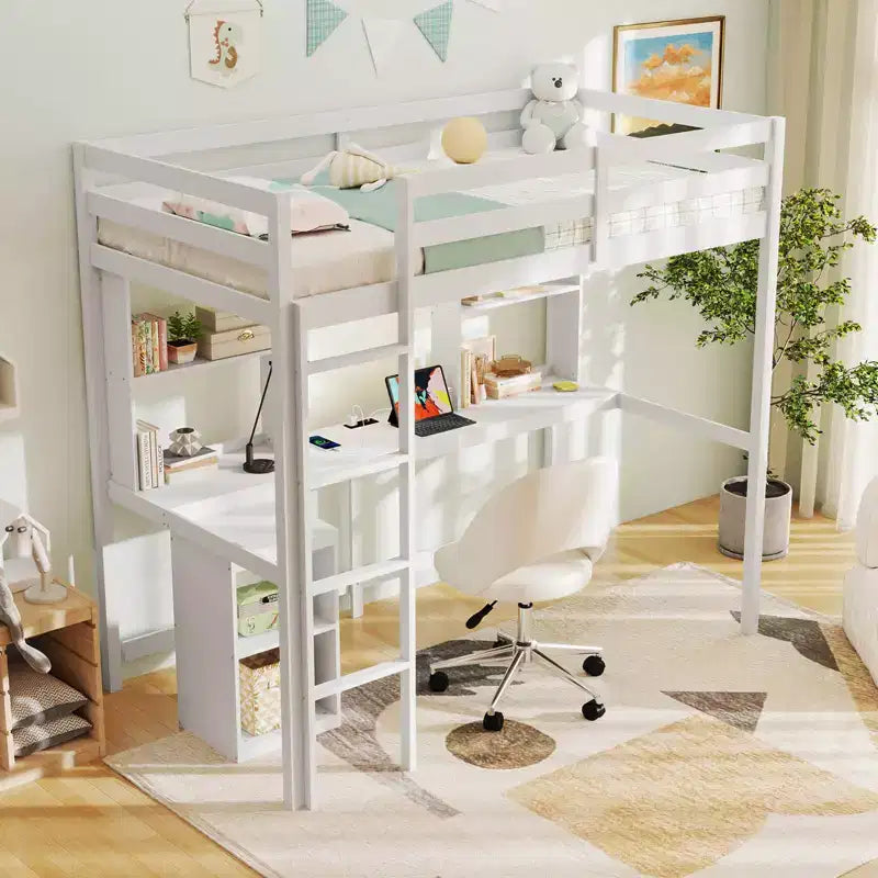 Costway Letto a soppalco singolo con luce LED e presa di corrente, scrivania, ripiani e armadietto