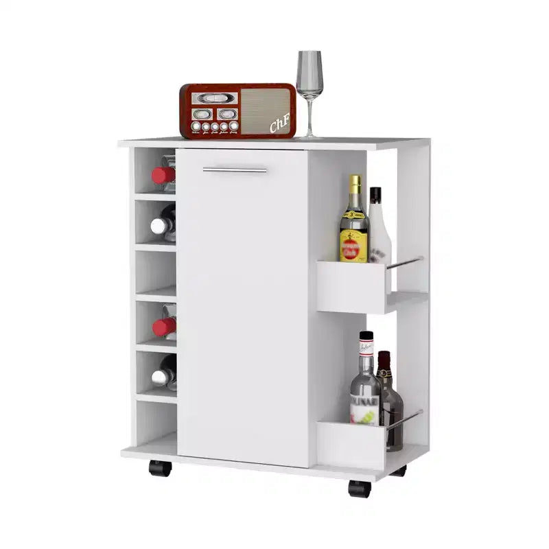 Carrello da bar HomeRoots bianco con ruote e portabottiglie