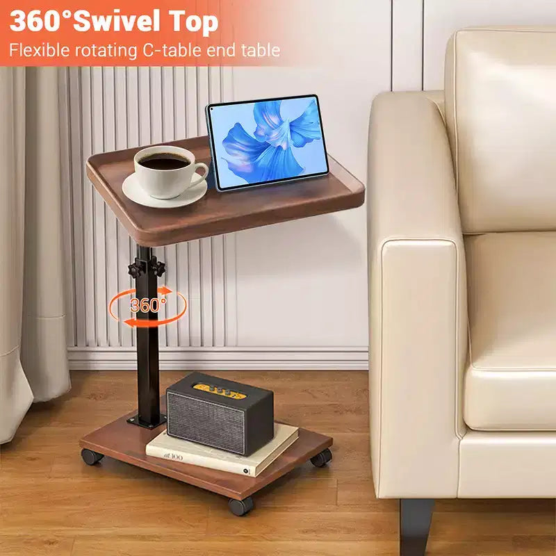 Tavolino regolabile a forma di C, tavolino da vassoio TV girevole a 360 gradi per piccoli spazi, tavolino con ruote per soggiorno e camera da letto, comodino