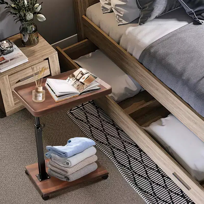 Tavolino regolabile a forma di C, tavolino da vassoio TV girevole a 360 gradi per piccoli spazi, tavolino con ruote per soggiorno e camera da letto, comodino