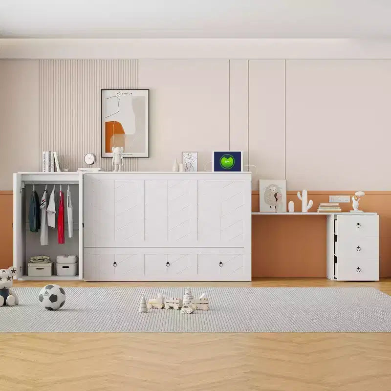 Letto a scomparsa Queen Size CLIHOME, versatile, con porta USB, ampio cassetto e armadio/scrivania