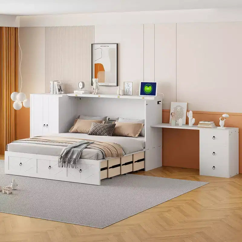Letto a scomparsa Queen Size CLIHOME, versatile, con porta USB, ampio cassetto e armadio/scrivania