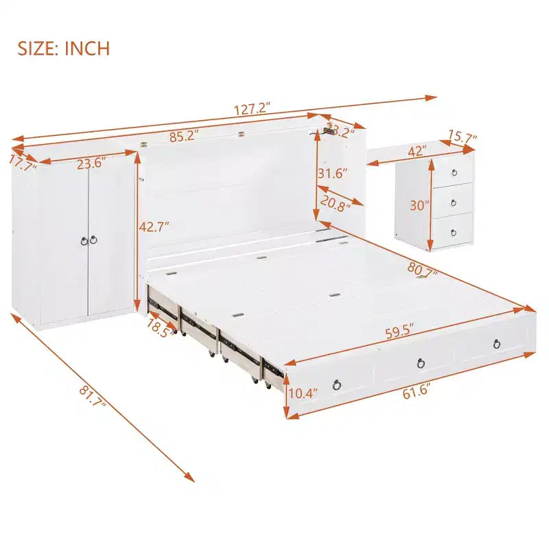Letto a scomparsa Queen Size CLIHOME, versatile, con porta USB, ampio cassetto e armadio/scrivania
