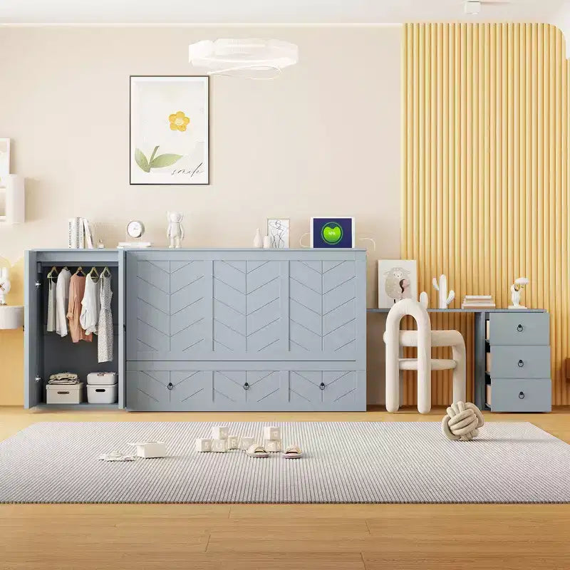 Letto a scomparsa Queen Size CLIHOME, versatile, con porta USB, ampio cassetto e armadio/scrivania