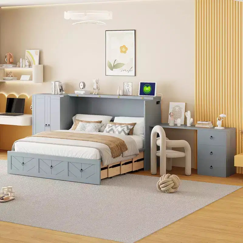 Letto a scomparsa Queen Size CLIHOME, versatile, con porta USB, ampio cassetto e armadio/scrivania