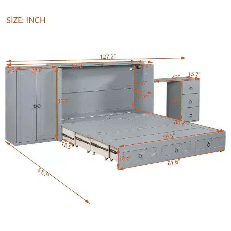 Letto a scomparsa Queen Size CLIHOME, versatile, con porta USB, ampio cassetto e armadio/scrivania