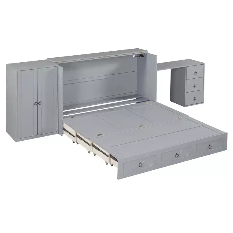 CLIHOME Queen Size Murphy Bed Versatile Cabinet Bed with USB Port, Large Drawer, and Wardrobe/Desk