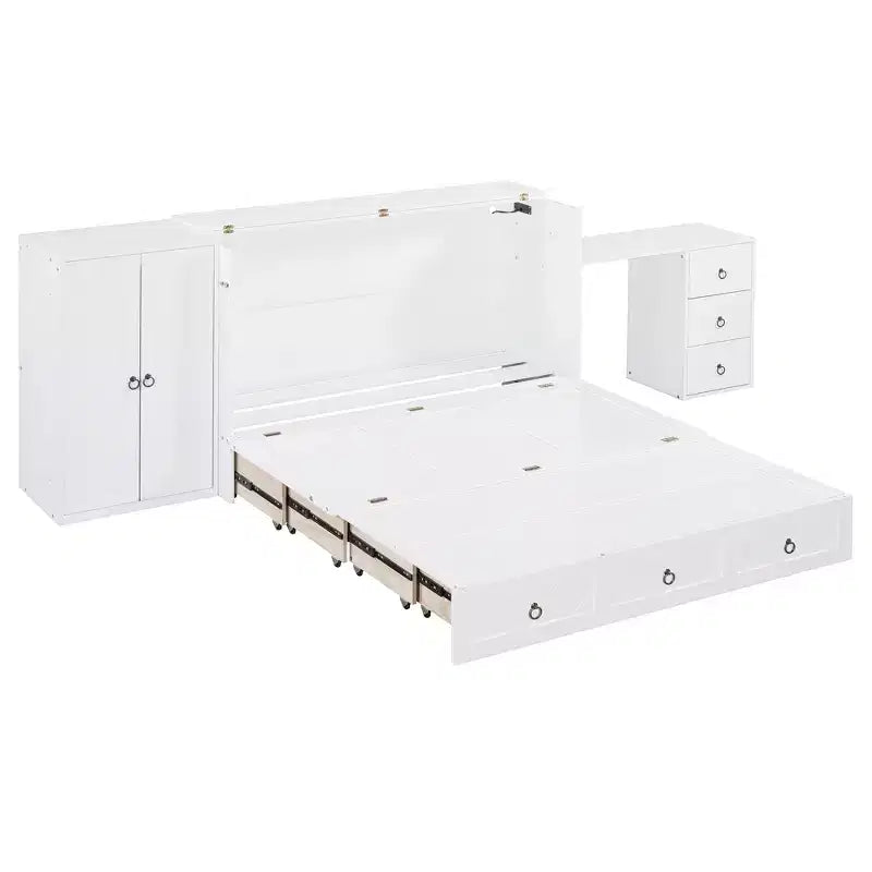 Letto a scomparsa Queen Size CLIHOME, versatile, con porta USB, ampio cassetto e armadio/scrivania