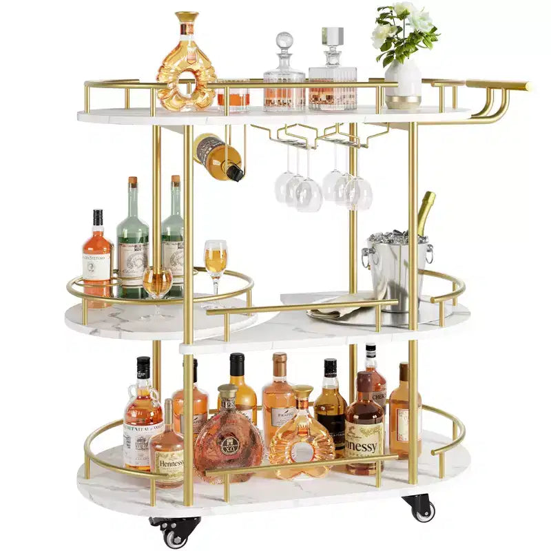 Carrello da bar a 3 ripiani CuisinSmart, carrello da bar girevole dorato con portabottiglie e porta bicchieri, carrello da portata con ruote