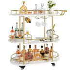 Carrello da bar a 3 ripiani CuisinSmart, carrello da bar girevole dorato con portabottiglie e porta bicchieri, carrello da portata con ruote