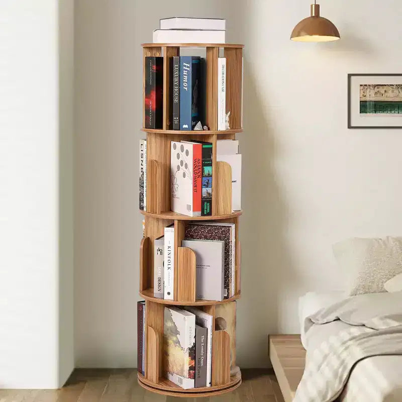 Libreria Girevole in Legno, Scaffale a 4 Ripiani con Display a 360 Gradi, Organizzatore di Archiviazione Multifunzionale per Bambini e Adulti in Soggiorno
