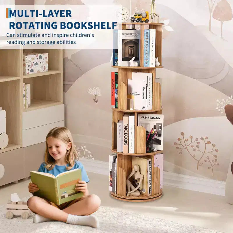 Libreria Girevole in Legno, Scaffale a 4 Ripiani con Display a 360 Gradi, Organizzatore di Archiviazione Multifunzionale per Bambini e Adulti in Soggiorno