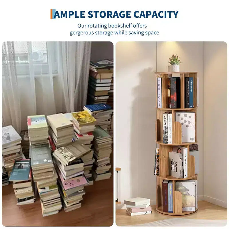 Libreria Girevole in Legno, Scaffale a 4 Ripiani con Display a 360 Gradi, Organizzatore di Archiviazione Multifunzionale per Bambini e Adulti in Soggiorno