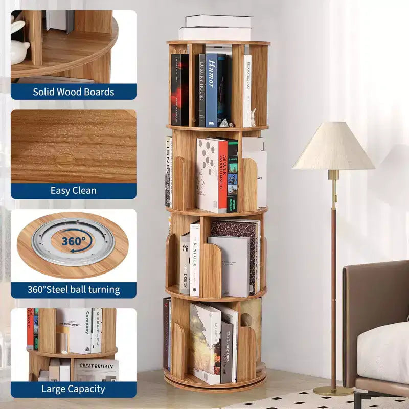 Libreria Girevole in Legno, Scaffale a 4 Ripiani con Display a 360 Gradi, Organizzatore di Archiviazione Multifunzionale per Bambini e Adulti in Soggiorno