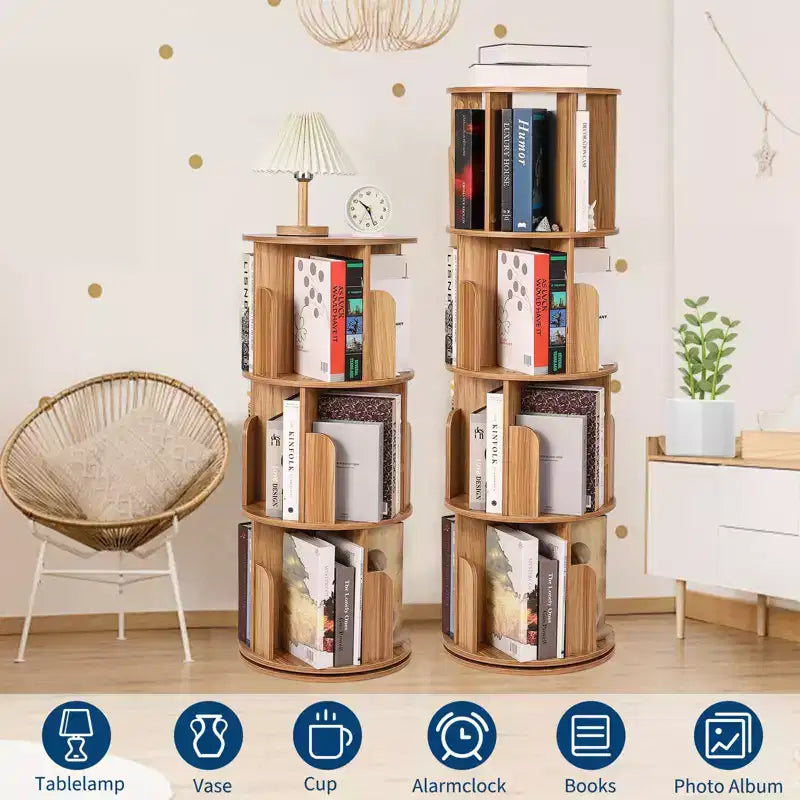 Libreria Girevole in Legno, Scaffale a 4 Ripiani con Display a 360 Gradi, Organizzatore di Archiviazione Multifunzionale per Bambini e Adulti in Soggiorno