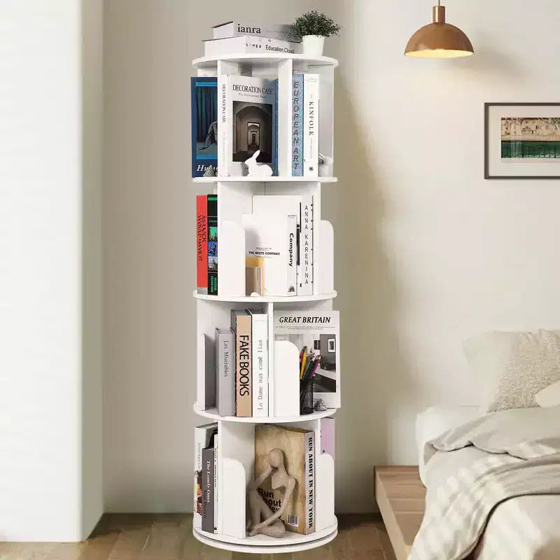 Libreria Girevole in Legno, Scaffale a 4 Ripiani con Display a 360 Gradi, Organizzatore di Archiviazione Multifunzionale per Bambini e Adulti in Soggiorno