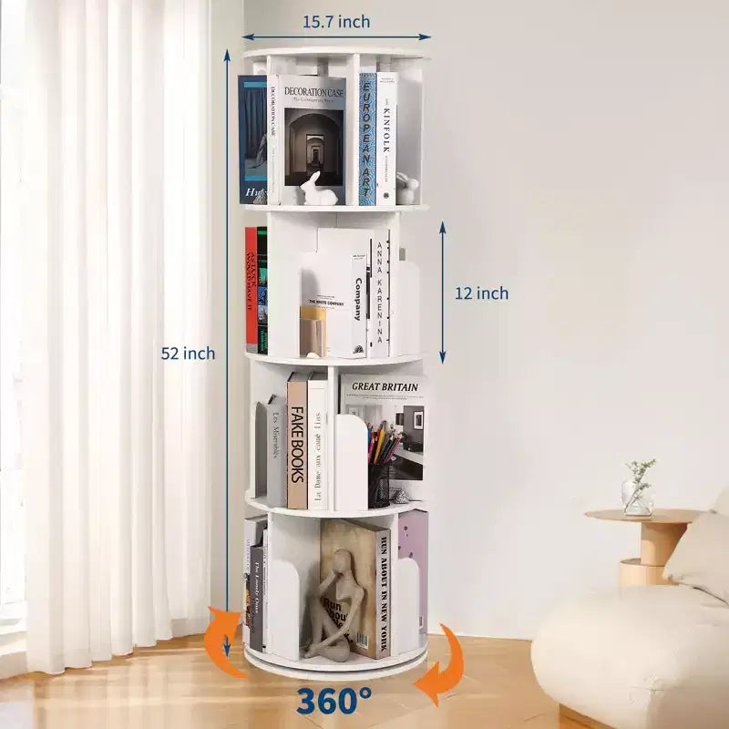 Libreria Girevole in Legno, Scaffale a 4 Ripiani con Display a 360 Gradi, Organizzatore di Archiviazione Multifunzionale per Bambini e Adulti in Soggiorno