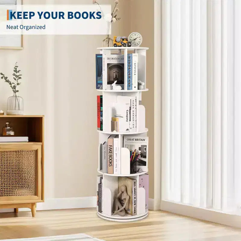 Libreria Girevole in Legno, Scaffale a 4 Ripiani con Display a 360 Gradi, Organizzatore di Archiviazione Multifunzionale per Bambini e Adulti in Soggiorno