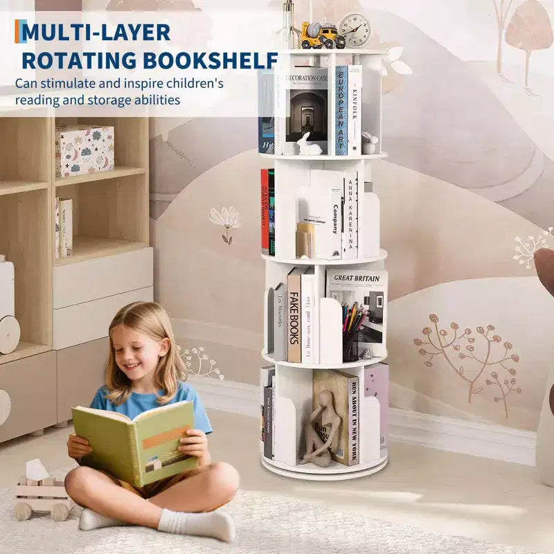 Libreria Girevole in Legno, Scaffale a 4 Ripiani con Display a 360 Gradi, Organizzatore di Archiviazione Multifunzionale per Bambini e Adulti in Soggiorno