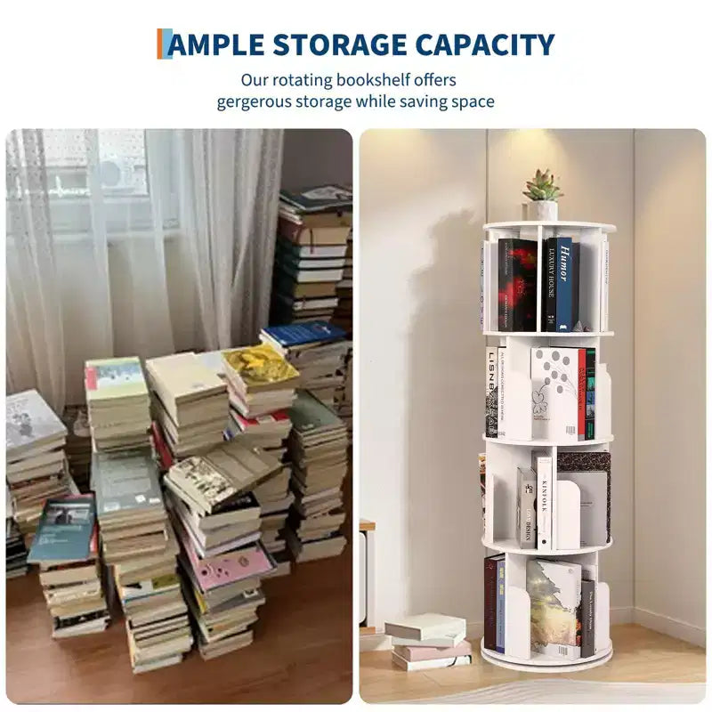 Libreria Girevole in Legno, Scaffale a 4 Ripiani con Display a 360 Gradi, Organizzatore di Archiviazione Multifunzionale per Bambini e Adulti in Soggiorno