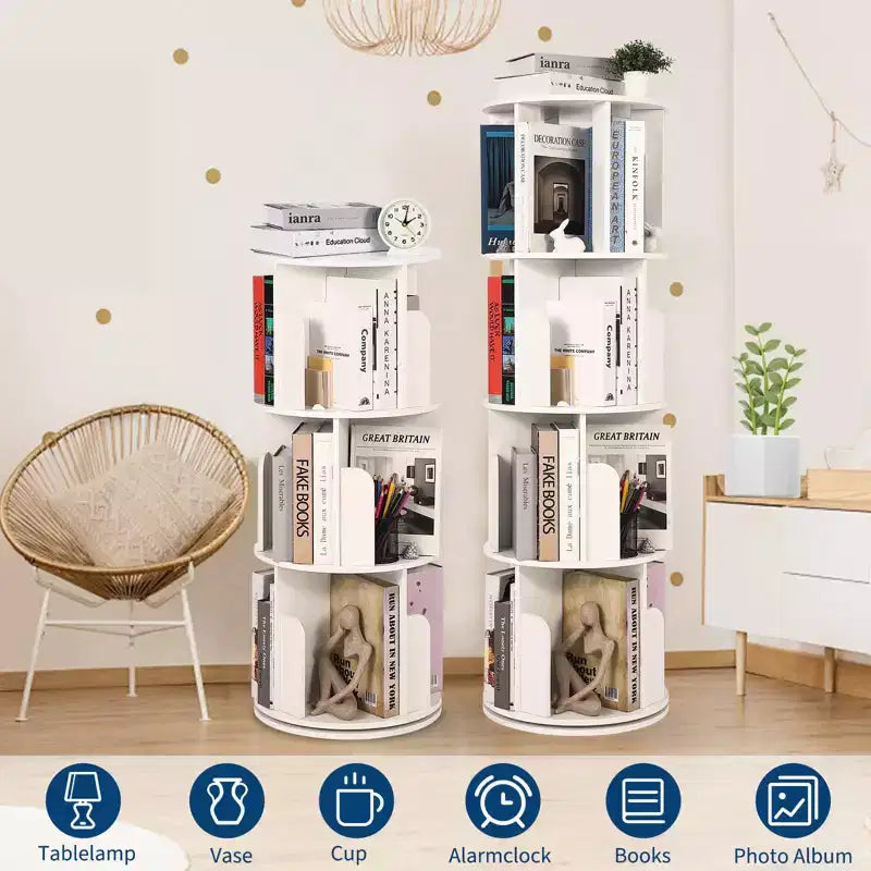 Libreria Girevole in Legno, Scaffale a 4 Ripiani con Display a 360 Gradi, Organizzatore di Archiviazione Multifunzionale per Bambini e Adulti in Soggiorno