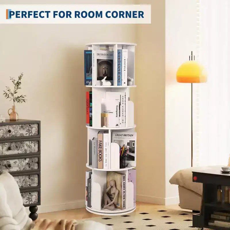 Libreria Girevole in Legno, Scaffale a 4 Ripiani con Display a 360 Gradi, Organizzatore di Archiviazione Multifunzionale per Bambini e Adulti in Soggiorno
