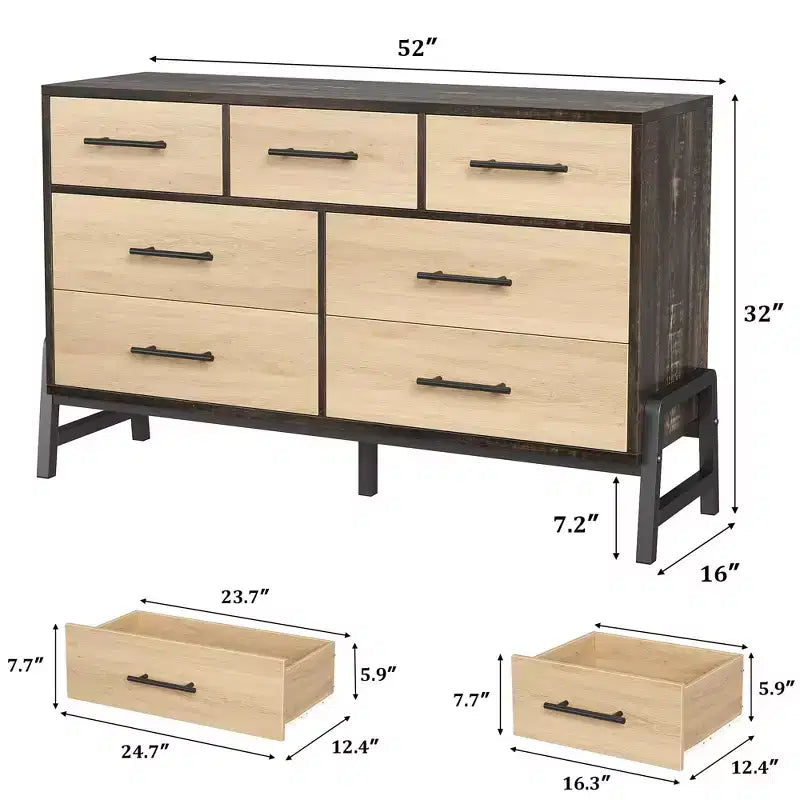Cassettiera GustoWave 7 per camera da letto, cassettiera larga 52", cassetto ampio con portaoggetti autoportante, cassettiera in legno per soggiorno, camera da letto
