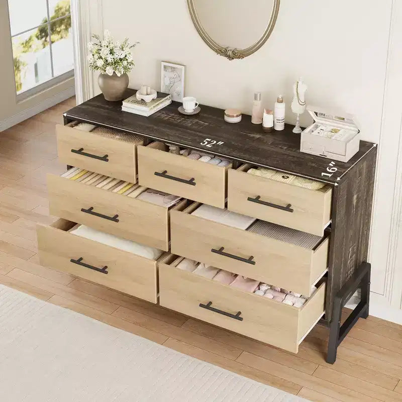 Cassettiera GustoWave 7 per camera da letto, cassettiera larga 52", cassetto ampio con portaoggetti autoportante, cassettiera in legno per soggiorno, camera da letto