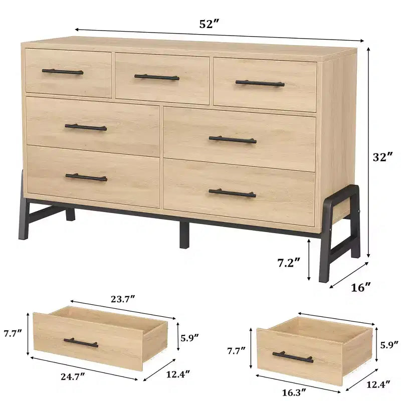 Cassettiera GustoWave 7 per camera da letto, cassettiera larga 52", cassetto ampio con portaoggetti autoportante, cassettiera in legno per soggiorno, camera da letto
