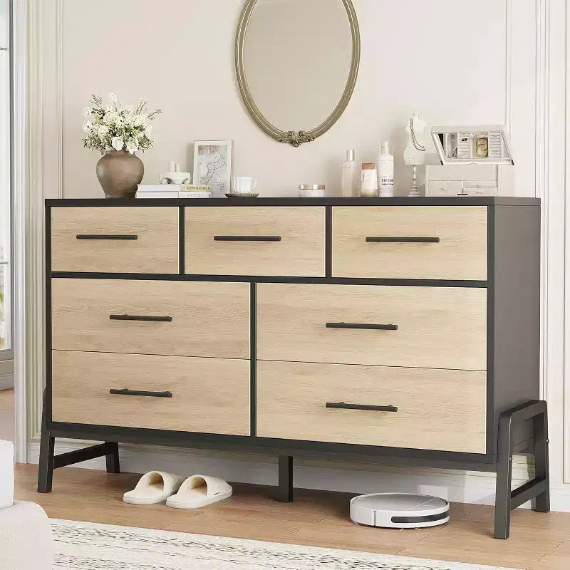 Cassettiera GustoWave 7 per camera da letto, cassettiera larga 52", cassetto ampio con portaoggetti autoportante, cassettiera in legno per soggiorno, camera da letto