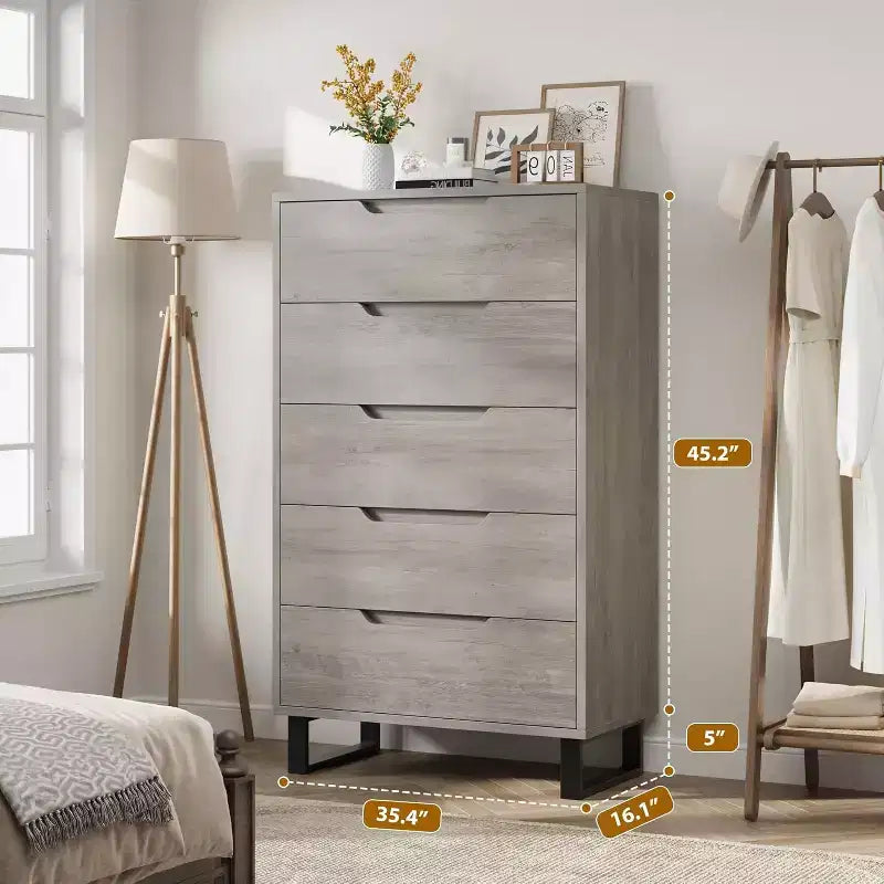 Cassettiera a cinque cassetti da 35,4 pollici, materiale PB+MDF+metallo, cinque cassetti portaoggetti, altezza regolabile, stile moderno-semplice e rustico