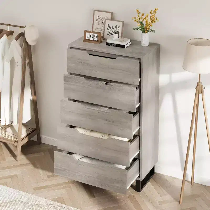 Cassettiera a cinque cassetti da 35,4 pollici, materiale PB+MDF+metallo, cinque cassetti portaoggetti, altezza regolabile, stile moderno-semplice e rustico