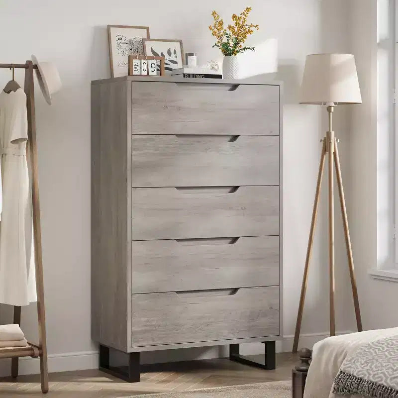 35.4-inch Five-Drawer Dresser, PB+MDF+Metal Material, Five-Drawer Storage, Adjustable Height, Modern-Simple & Rustic Style