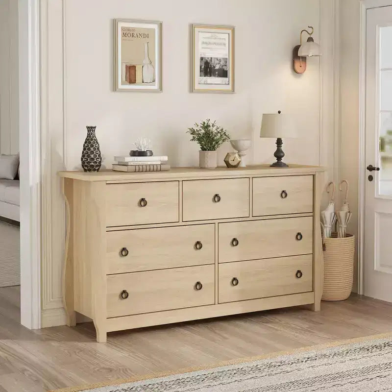 Cassettiera a 6/7 Cassetti - Cassettiera Alta Boho con Gambe Curve, Dettagli in Rattan e Mobile Contenitore Indipendente per Soggiorno, Camera da Letto, Ingresso