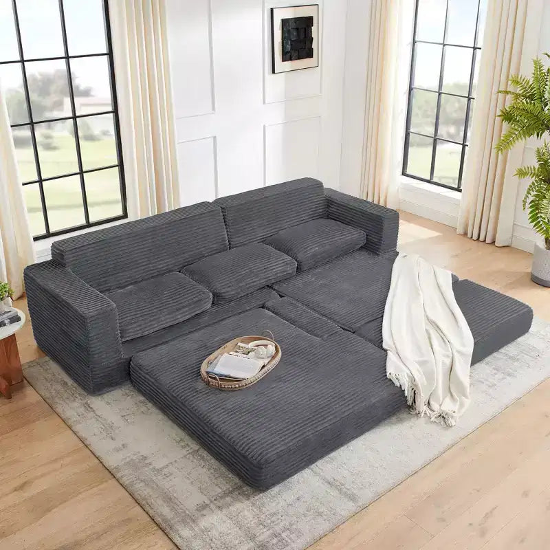 Seduta sinistra divano, Divano componibile a L, Divano componibile compresso in stile moderno minimalista in velluto a coste, Si trasforma in letto, Camera da letto