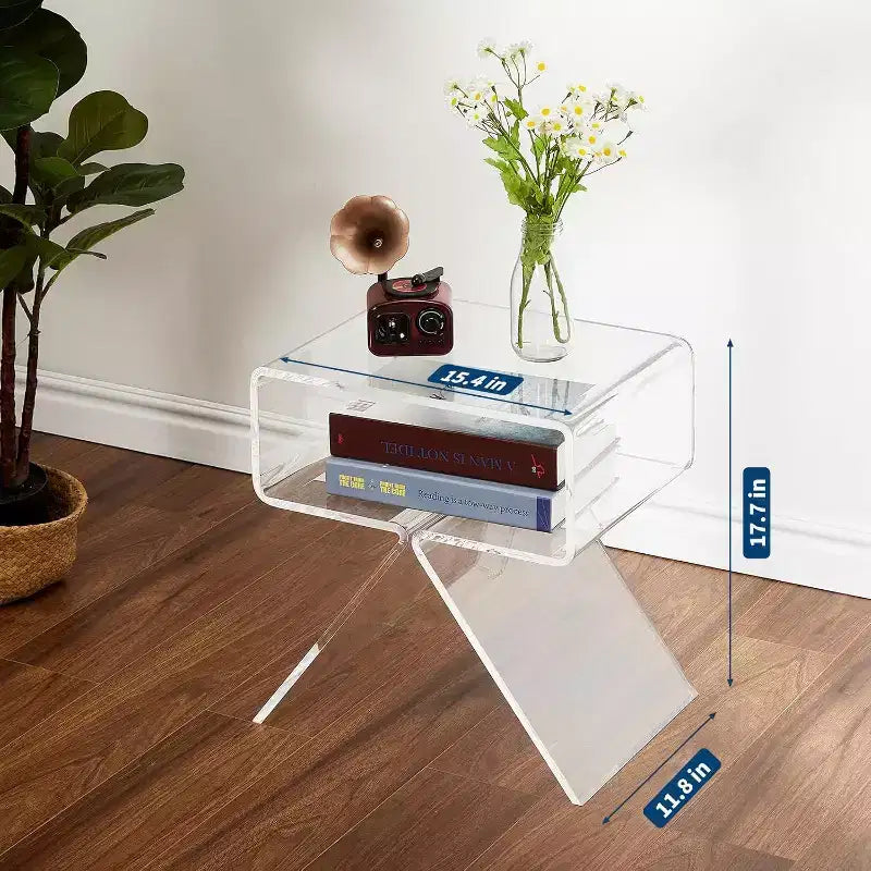 Comodino in acrilico trasparente Acekool 17,7L x 11,8P x 15,4H, tavolino moderno minimalista con gambe triangolari, nessun assemblaggio richiesto
