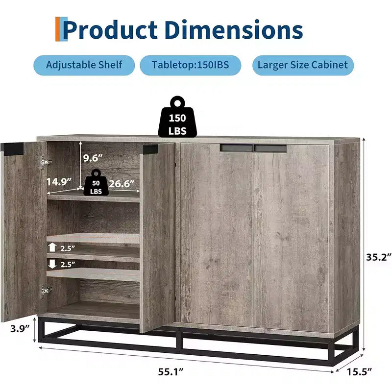 Credenza Buffet, Mobile Contenitore Moderno da Cucina da 55" con 2 Cassetti e 4 Ante
