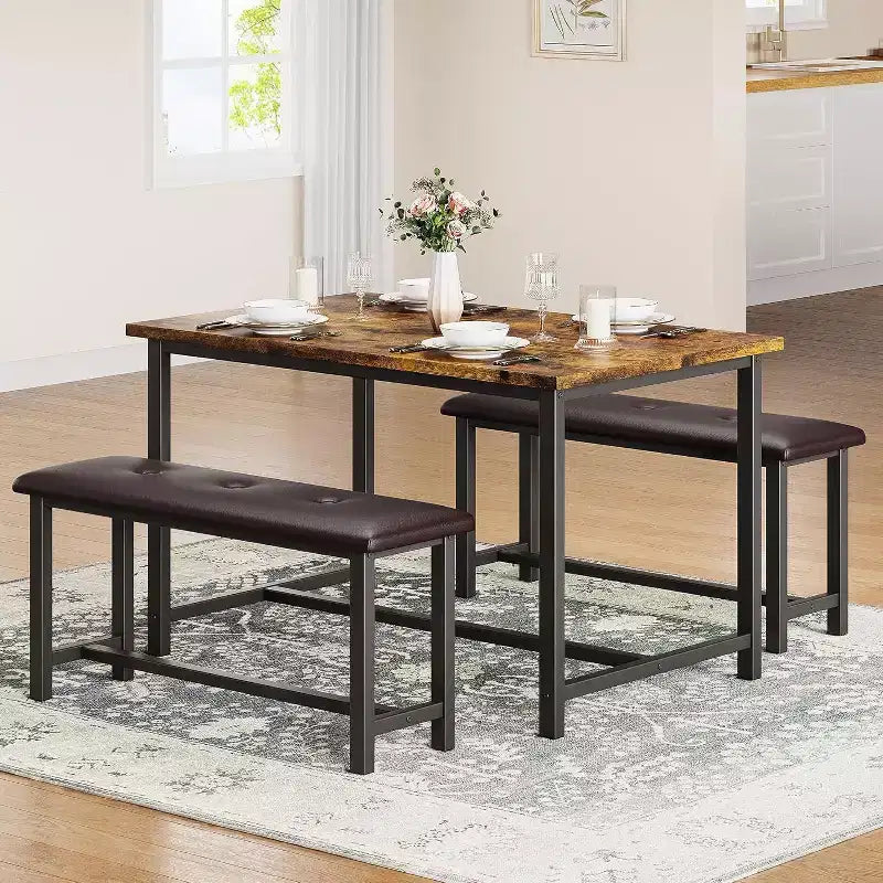 Set Tavolo da Pranzo Acekool con 2 Panche Imbottite, Tavolo Salvaspazio per Appartamento o Sala da Pranzo
