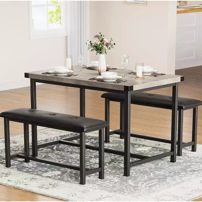 Set Tavolo da Pranzo Acekool con 2 Panche Imbottite, Tavolo Salvaspazio per Appartamento o Sala da Pranzo